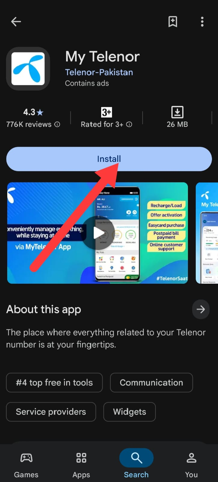 Tap the Install button to download the My Telenor App — step 4