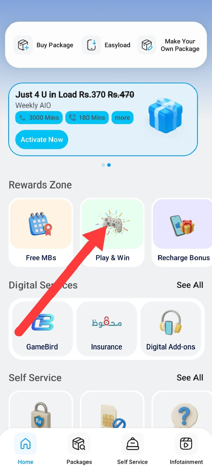 Tap floating Play & Win button on home dashboard — Step 1c